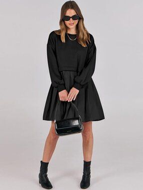 Black Balloon-Sleeve Mini Dress with Flared Skirt